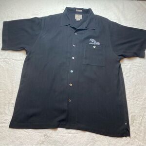 Luau Black 100% Silk Short Sleeve Button Down Embroidered Shirt Size Large